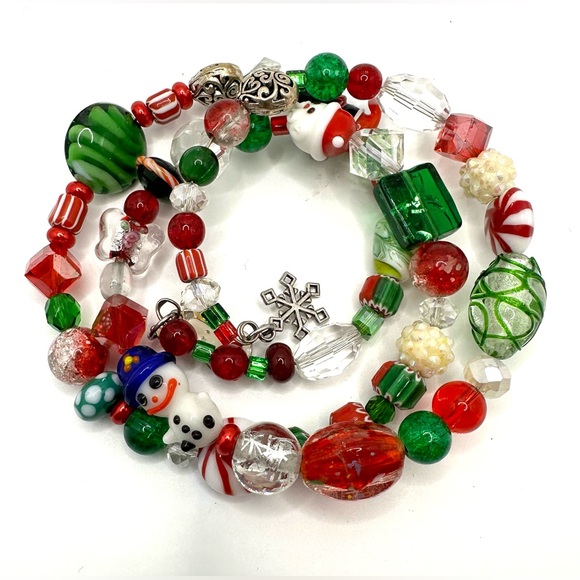 Christmas Beaded Bracelet Wrap Coil Memory Wire Lamp Work Glass Beads Handmade - Picture 2 of 11